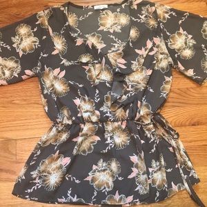 Gray and Coral Floral Blouse with tie waist